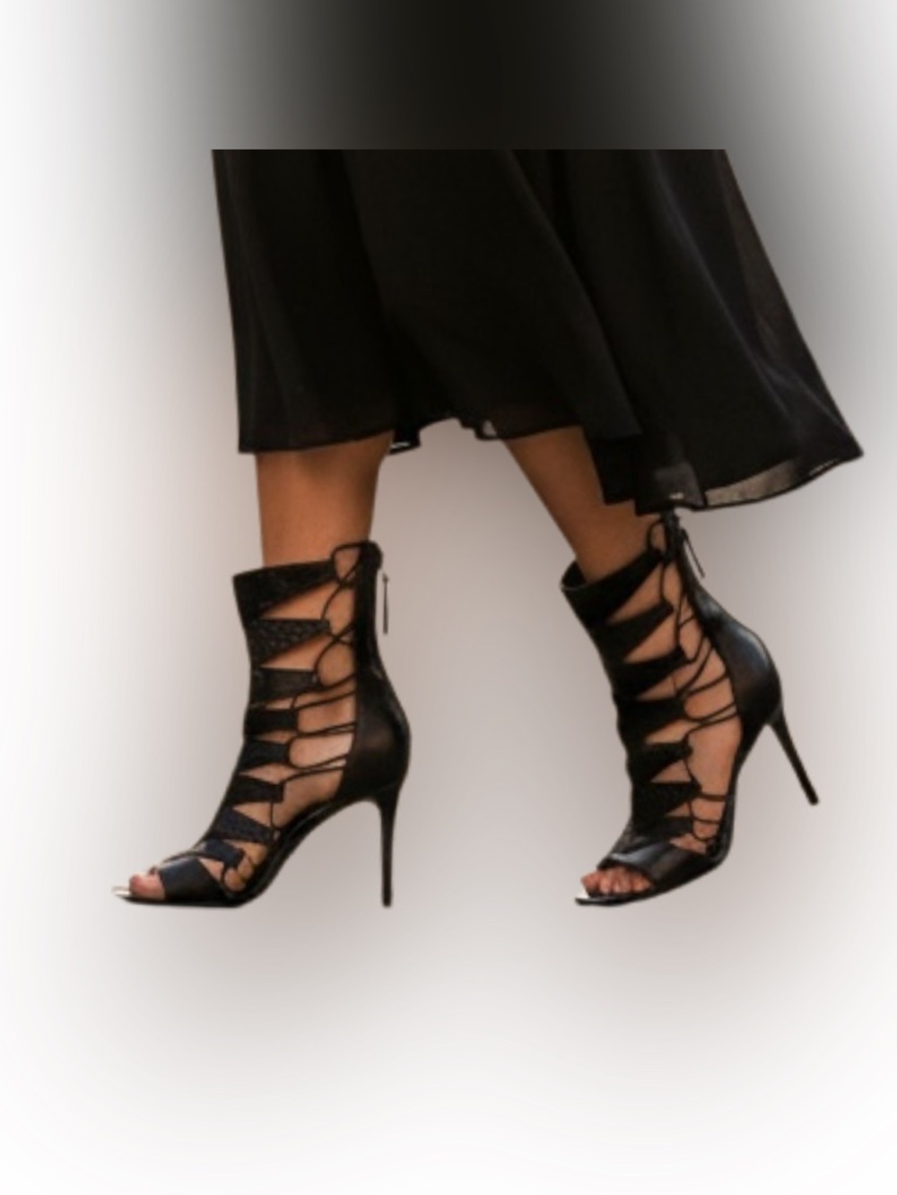 BRIAN ATWOOD 8.5 Black Leather Suede Snake Caged Booties Peep Toe R $495